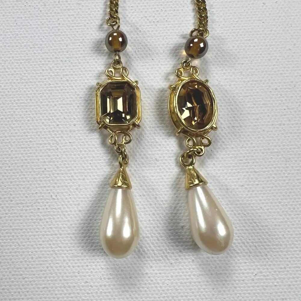 Vintage Gold Tone Lariat Necklace & Clip-On Earring Set Brown Stone Faux Pearl